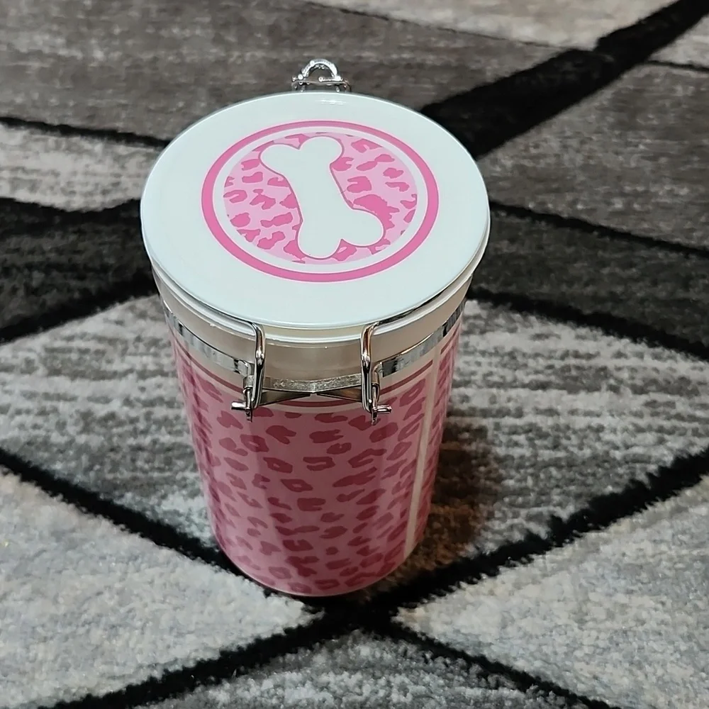PINK LEOPARD PRINT AIRTIGHT PLASTIC DOG TREAT CONTAINER